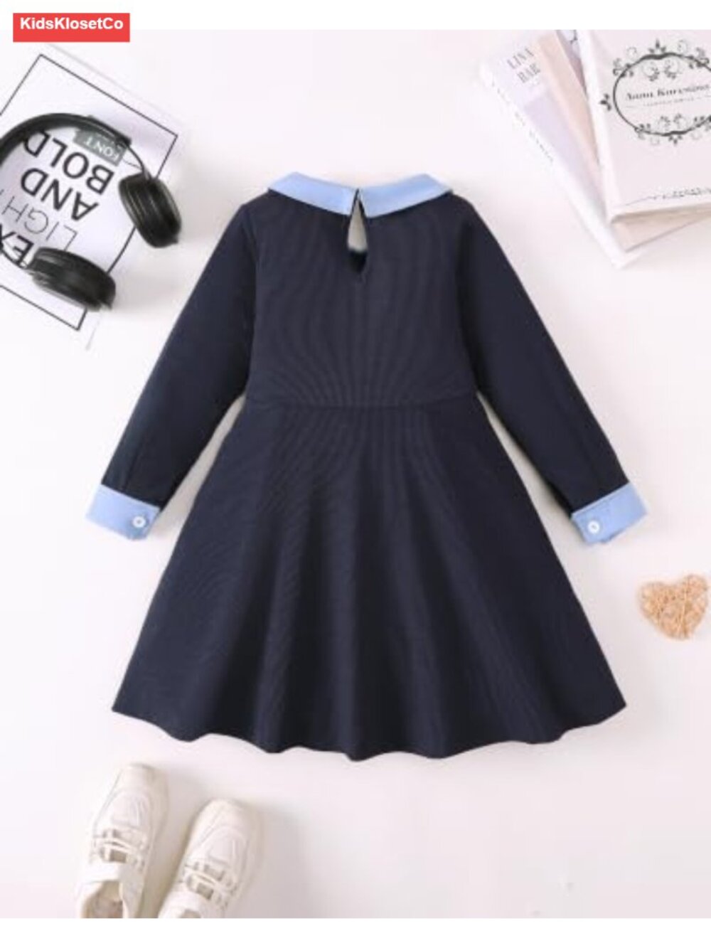 Girls Long Sleeve Fall Winter Dress with Peter Pan Collar - Picture 4 of 6